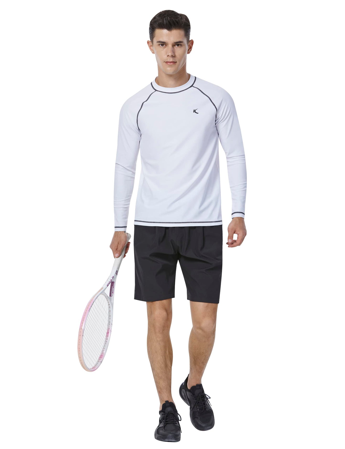 Mens Rash Guard UPF 50+ Swim Shirts UV Sun Protection T-Shirt Quick Dry Long Sleeve Beach Shirts for Fishing, White, L
