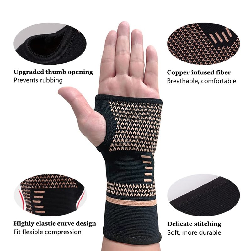 Copper Wrist Compression Sleeves(2PCS), Elastic Wrist Support Sleeve Wrist Brace for Tendonitis, Arthritis, Sprains Pain Relief, Breathable Carpal Tunnel Hand Brace for Sport, Fitness, Workout, Typing