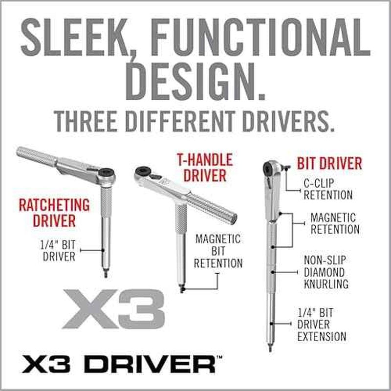 Real Avid X3 Precision Screwdriver Set with 1/4 Ratchet Wrench Bit Driver & Bit Extension - Tool Kit Includes Torx, Hex, Phillips, Flat & Square Bits (56 Piece)