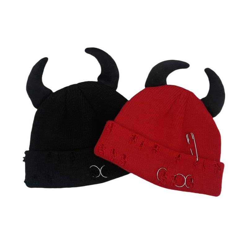 Gothic Devil Horn Knitted Beanies for Women Men Y2K Funny Crochet Skull Hat Warm Winter Cap Halloween Accessories (Black,One Size)