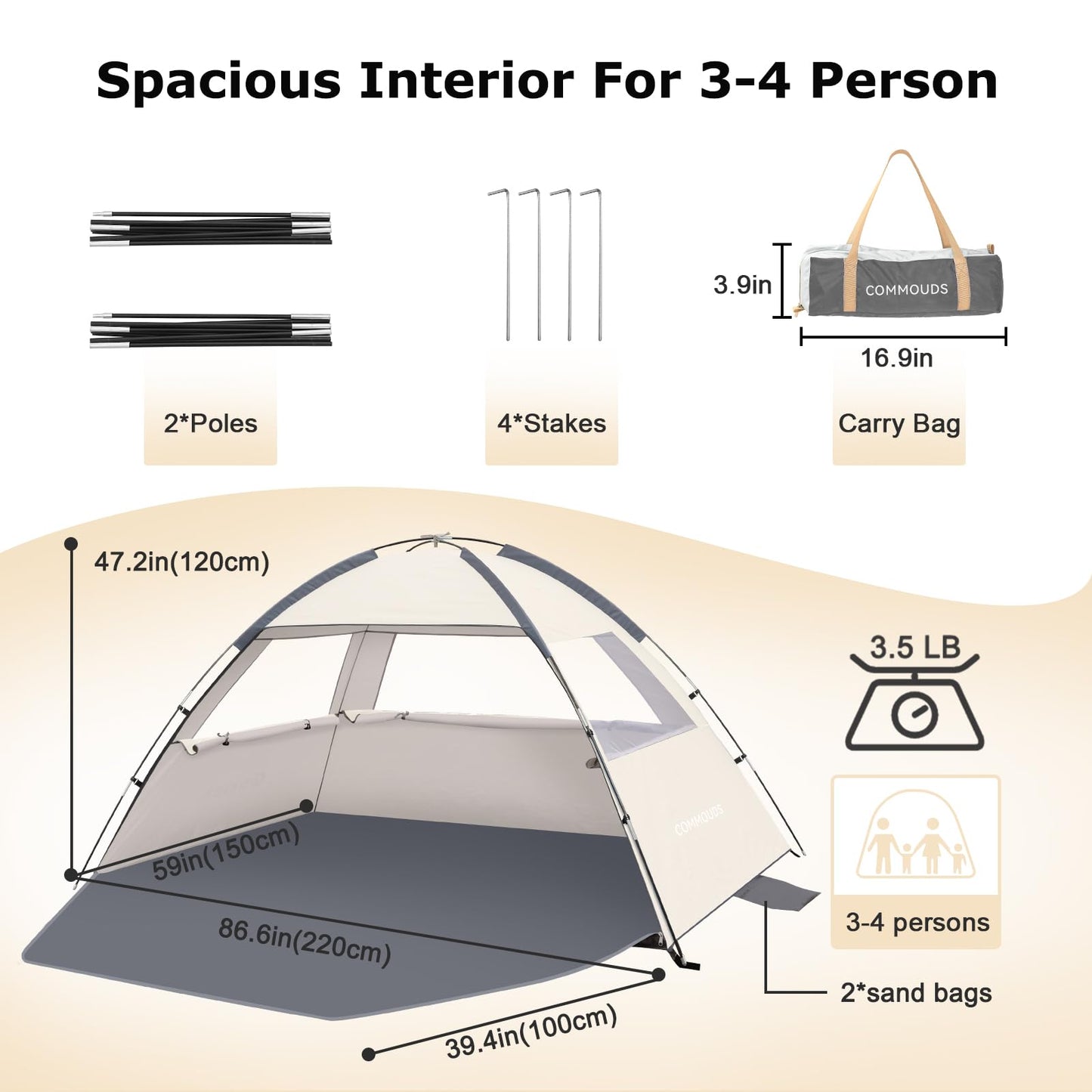 COMMOUDS Beach Tent Sun Shelter for 3/4/6/8 Person, UPF 50+ UV Protection Beach Shade Canopy Tent, Lightweight, Easy Set Up and Carry
