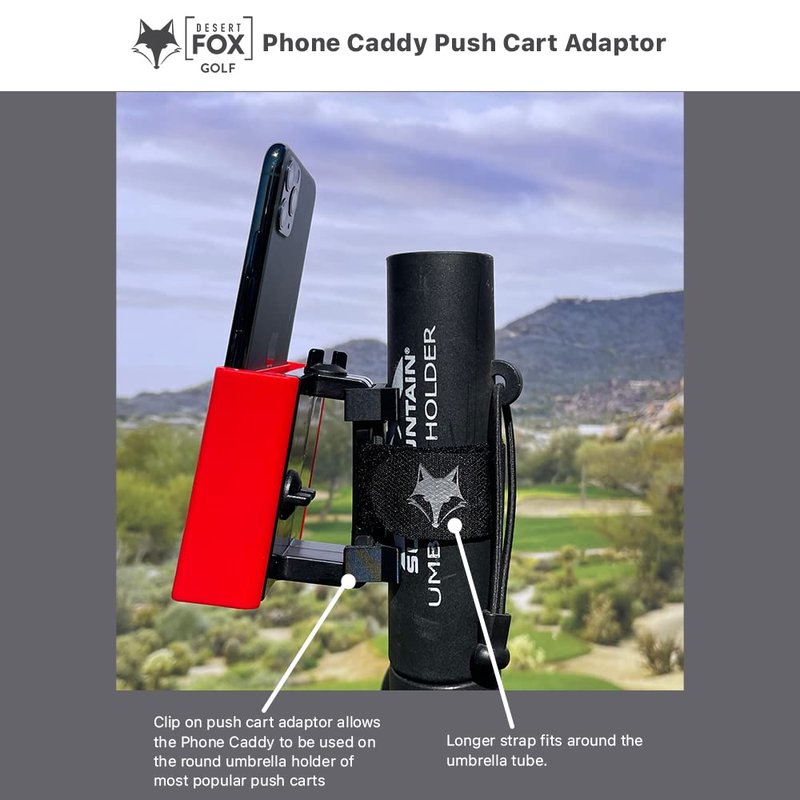 Desert Fox Golf Push Cart Adaptor – Converts Phone Caddy for Walking Golfers – One-Click Mount Golf Cart Accessory for Push Carts with Vertical Umbrella Holder