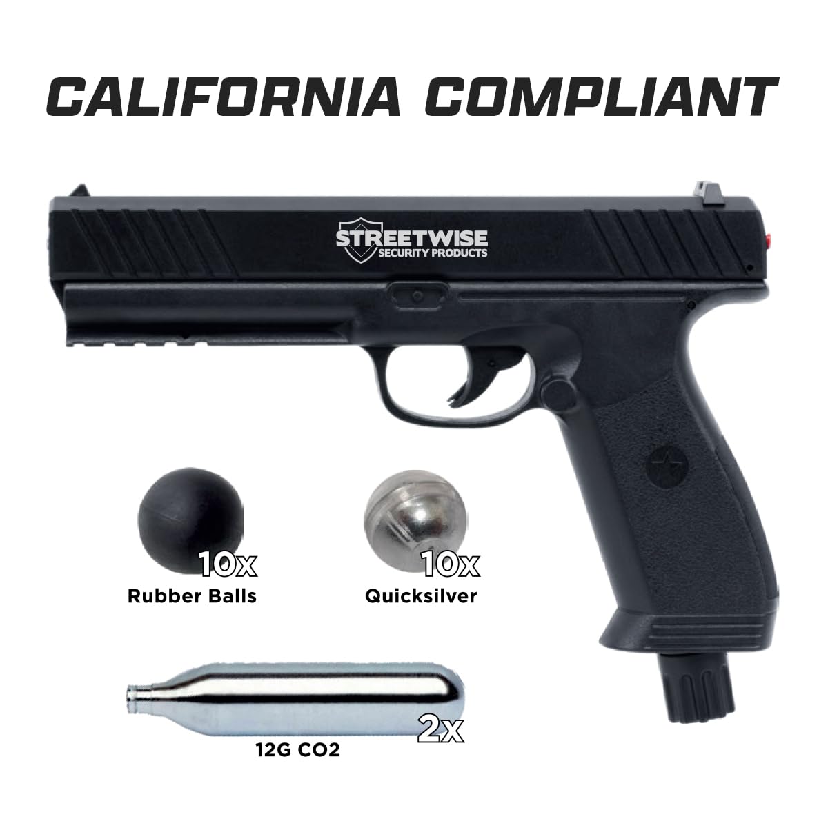 Streetwise Heat .50 Caliber Pepper Launcher California Compliant. Includes 10 Rubber Balls, 10 Quicksilver Metal Composite Rounds, 2 C02 Canisters.