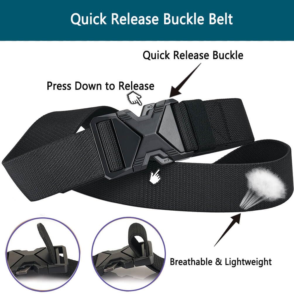 LionVII Heavy Duty Quick Release Belt, Elastic Stretch 1.5" Web Work Belts with Alloy Buckle for Waist Size Below 48" (Black)