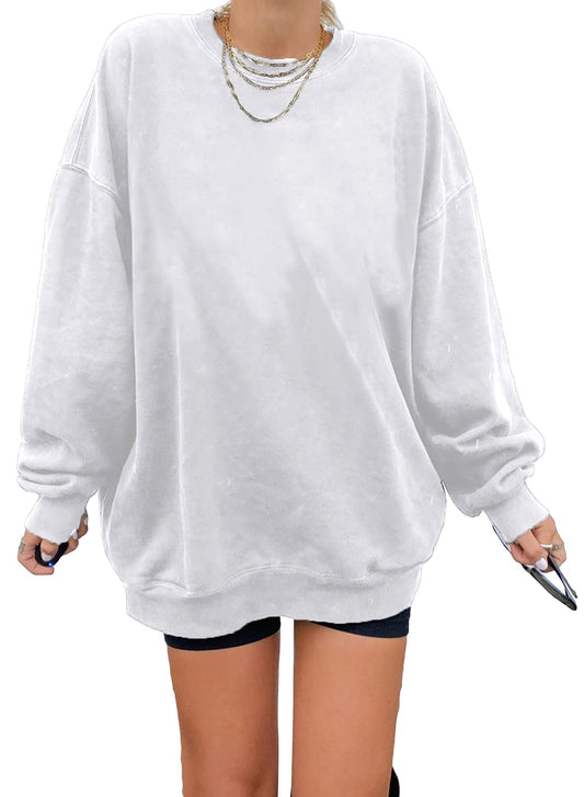 Dokotoo Womens Ladies Plus Size Cotton Basic Oversized Crewneck Long Tunic Sweatshirts for Women Long Sleeve Comfy Cozy Winter Fleece Pullover 2023 Fall Tops Casual Loose Fit Tees Shirts White L