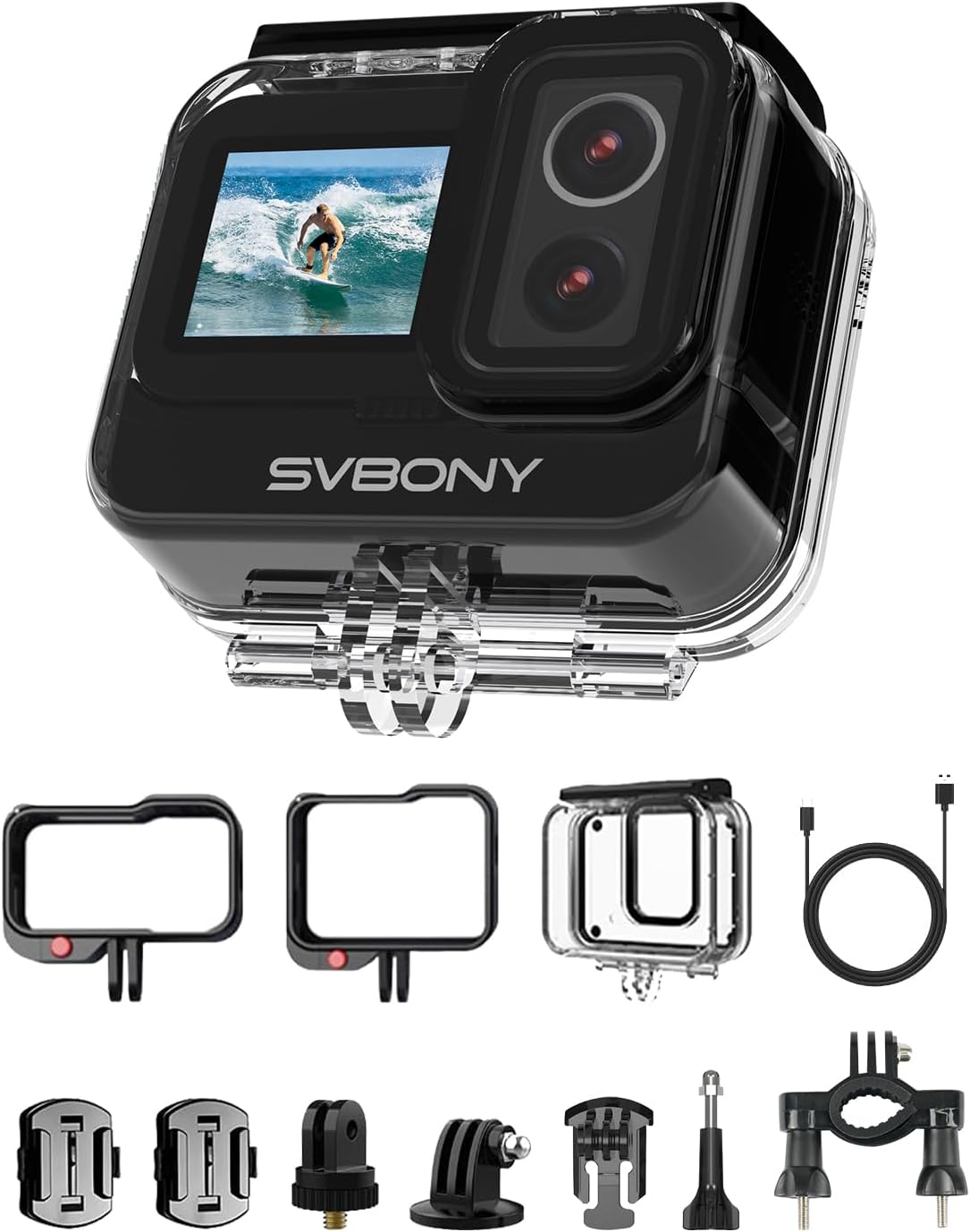 SVBONY 4K Dual Lens Action Camera - 20MP, 8X Zoom, 100FT Waterproof for Vlogging & Snorkeling