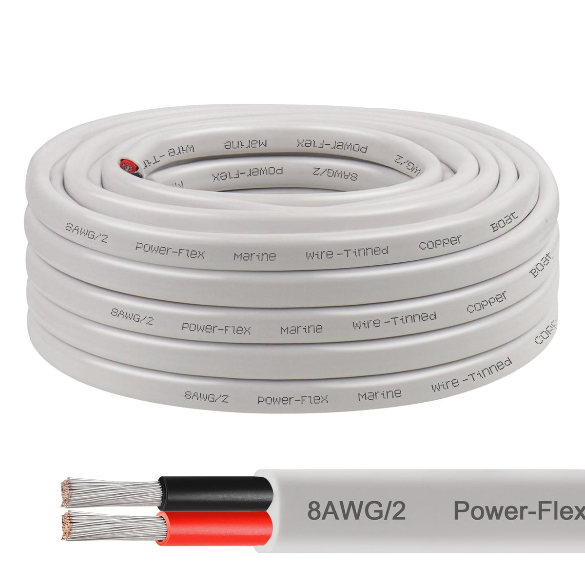 8 Gauge Marine Wire, 25FT 8 AWG Tinned Copper Oxygen-Free Boat Cable Duplex, Waterproof & Corrosion Resistant for Automotive, RV, Solar, LED, Outdoor Use