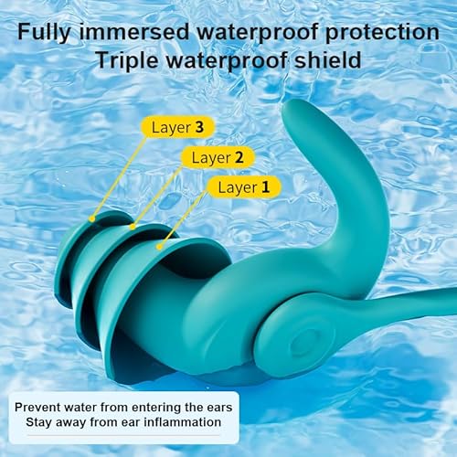 Swimming Ear Plugs for Adults,3 Pairs Anti-Lost Waterproof Reusable Silicone Swim Earplugs for Swimming Showering Surfing Snorkeling (Black,Blue,Cyan, Adults Size)