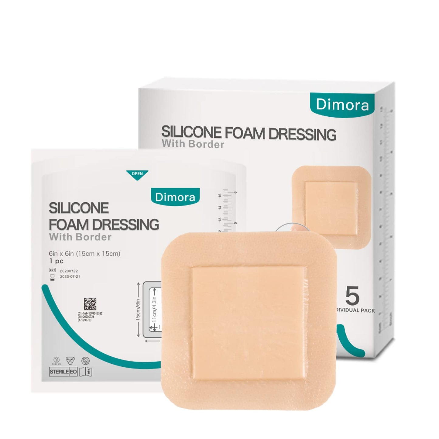 Dimora Silicone Foam Dressing, 6'' x 6''(4.3" X 4.3" pad) Sacrum Wounds, Waterproof Wound Dressing with Gentle Border, High Absorbency Foam Bandages, Silicone Self-Adhesive Patches,5 Count