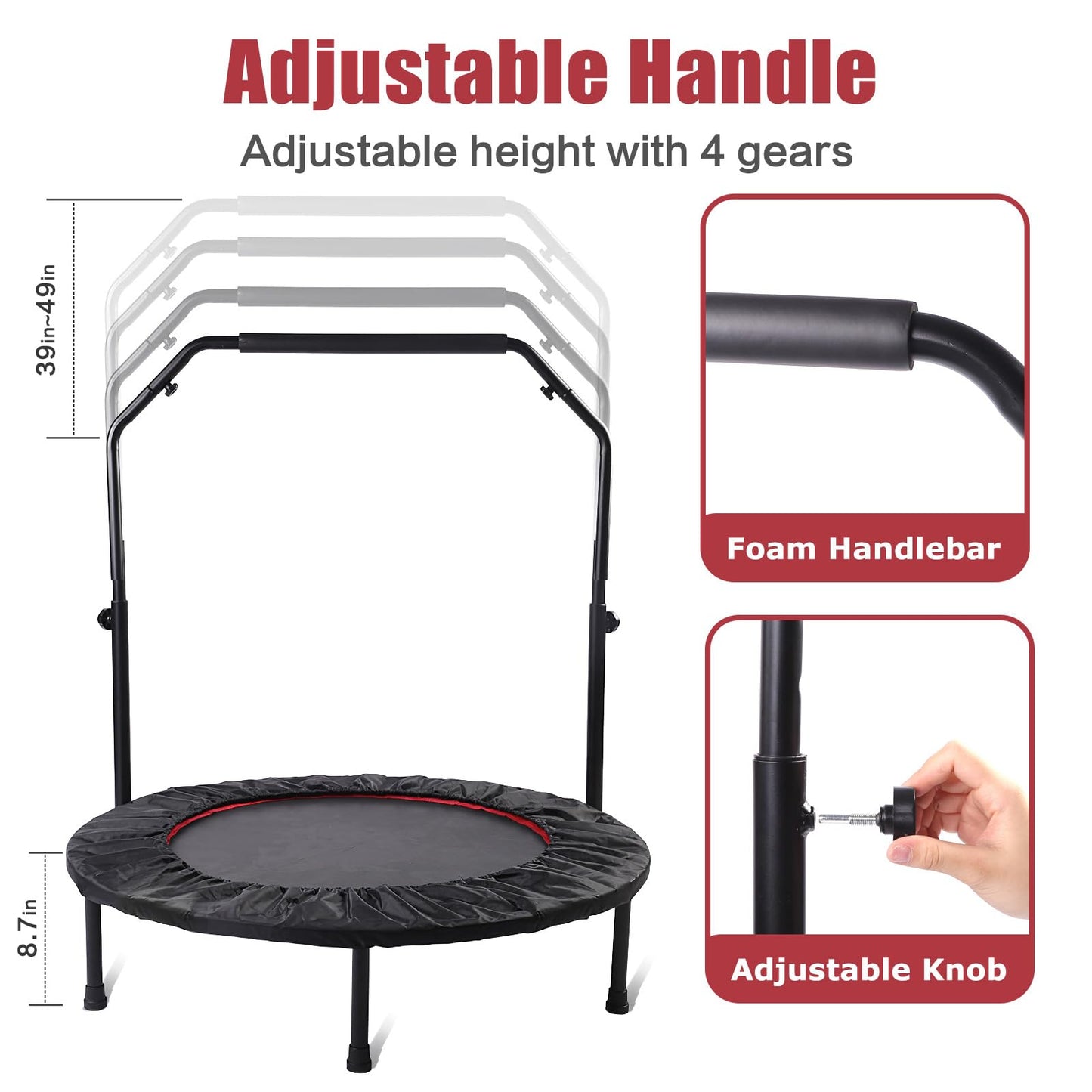 40" Rebounder Trampoline for Adults with Bar - Foldable Mini Exercise Trampoline, Small & Portable Workout Trampoline for Fitness