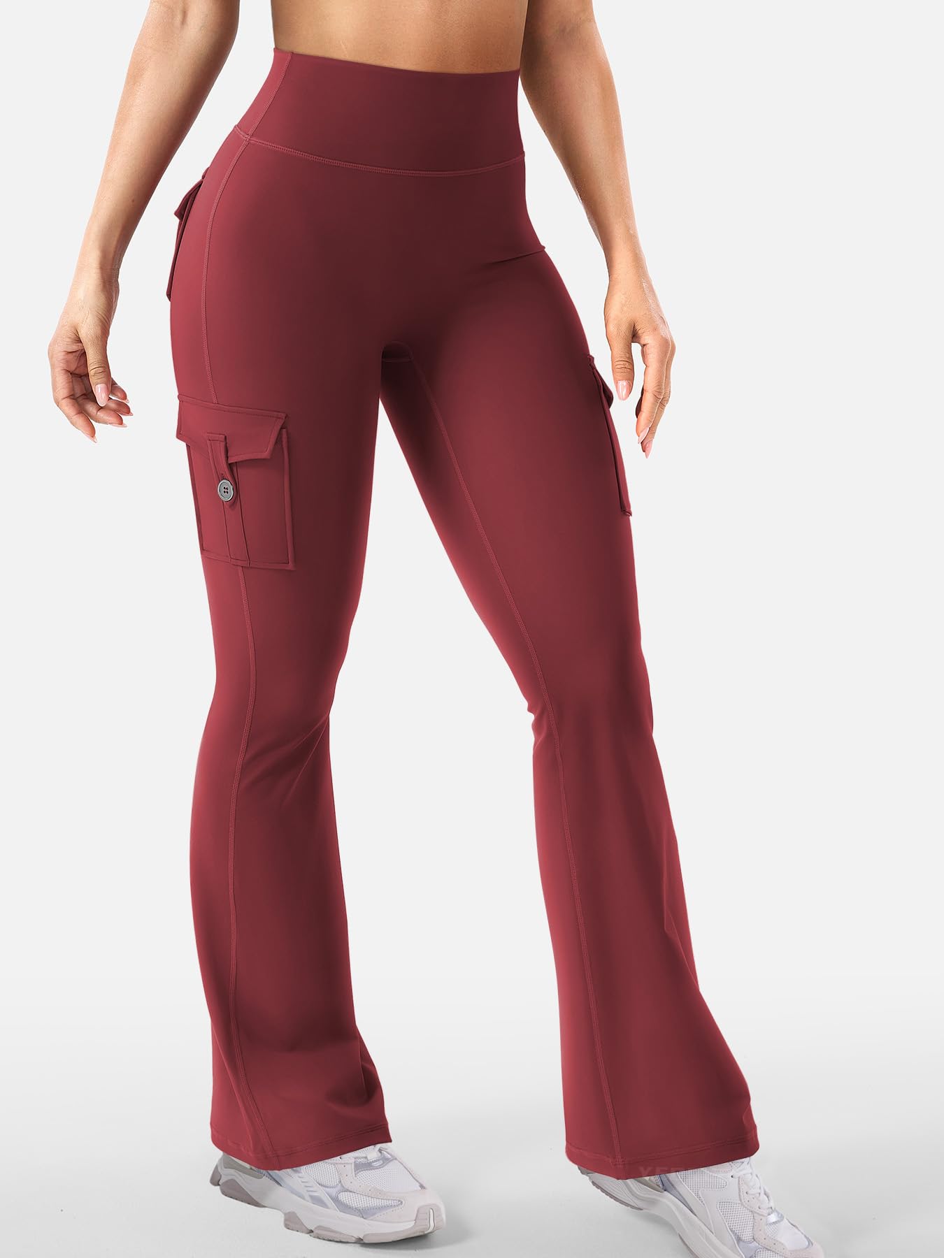 YEOREO CoreFlex Women Workout Flare Leggings with Pockets Hidden Scrunch High Waisted Cargo Gym Yoga No Front Seam Leggings Anchor Red XXL