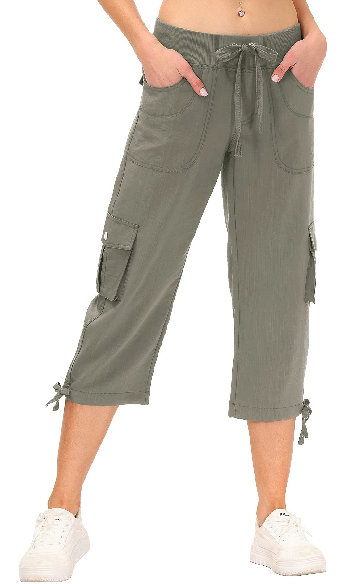 MoFiz Women's Cargo Hiking Pants Lightweight Quick Dry Running Capri Pants Athletic Workout Casual Outdoor Button Pockets Grey Khaki S
