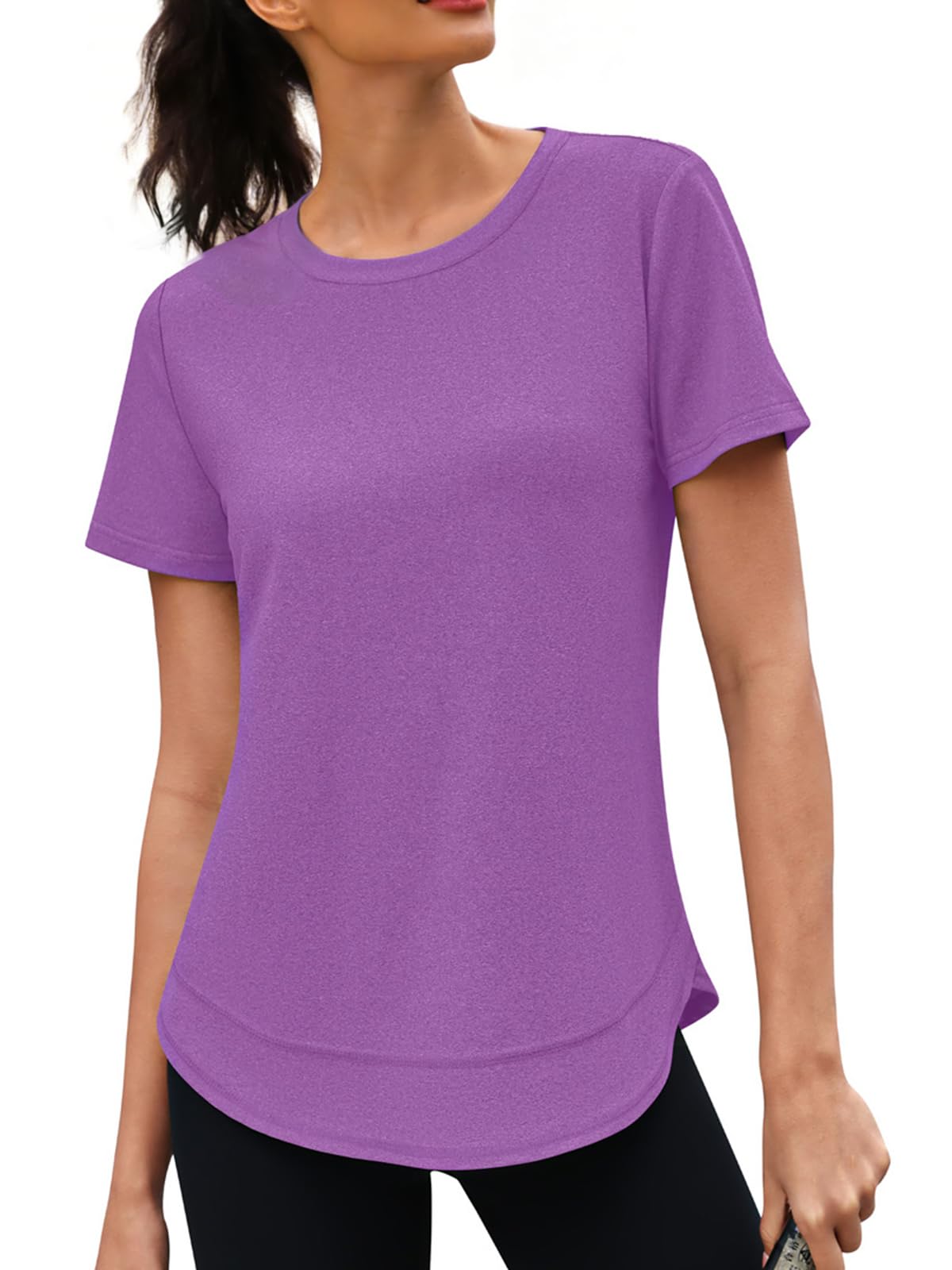 3rd hill Womens Workout Tops Short Sleeve Crewneck Sports Yoga Running Shirts Quick Dry Outfits Purple L