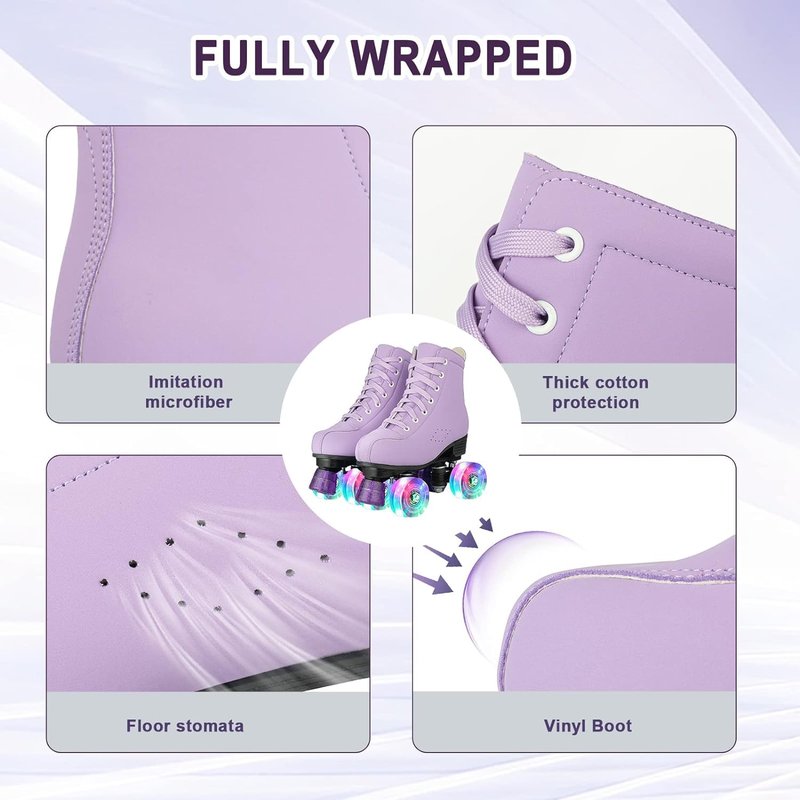 jessie Girls Roller Skates for Women, Microfiber Leather and Flash Wheels Purple Roller Skates Girls Ages 6-12 for Beginner Indoor Outdoor (Youth 2)