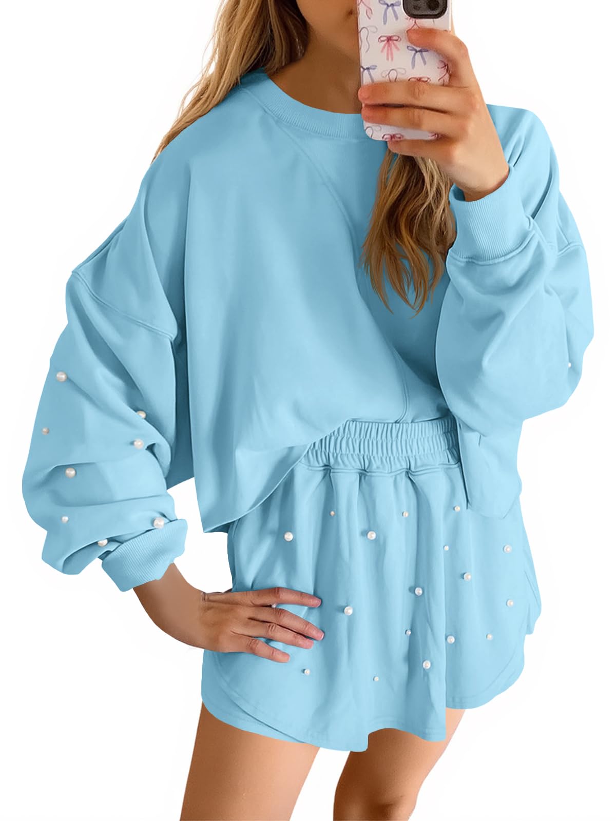 Fisoew Womens Casual 2 Piece Outfits Long Sleeve Pearl Sweatshirt and High Waisted Skort Shorts Fall Sets