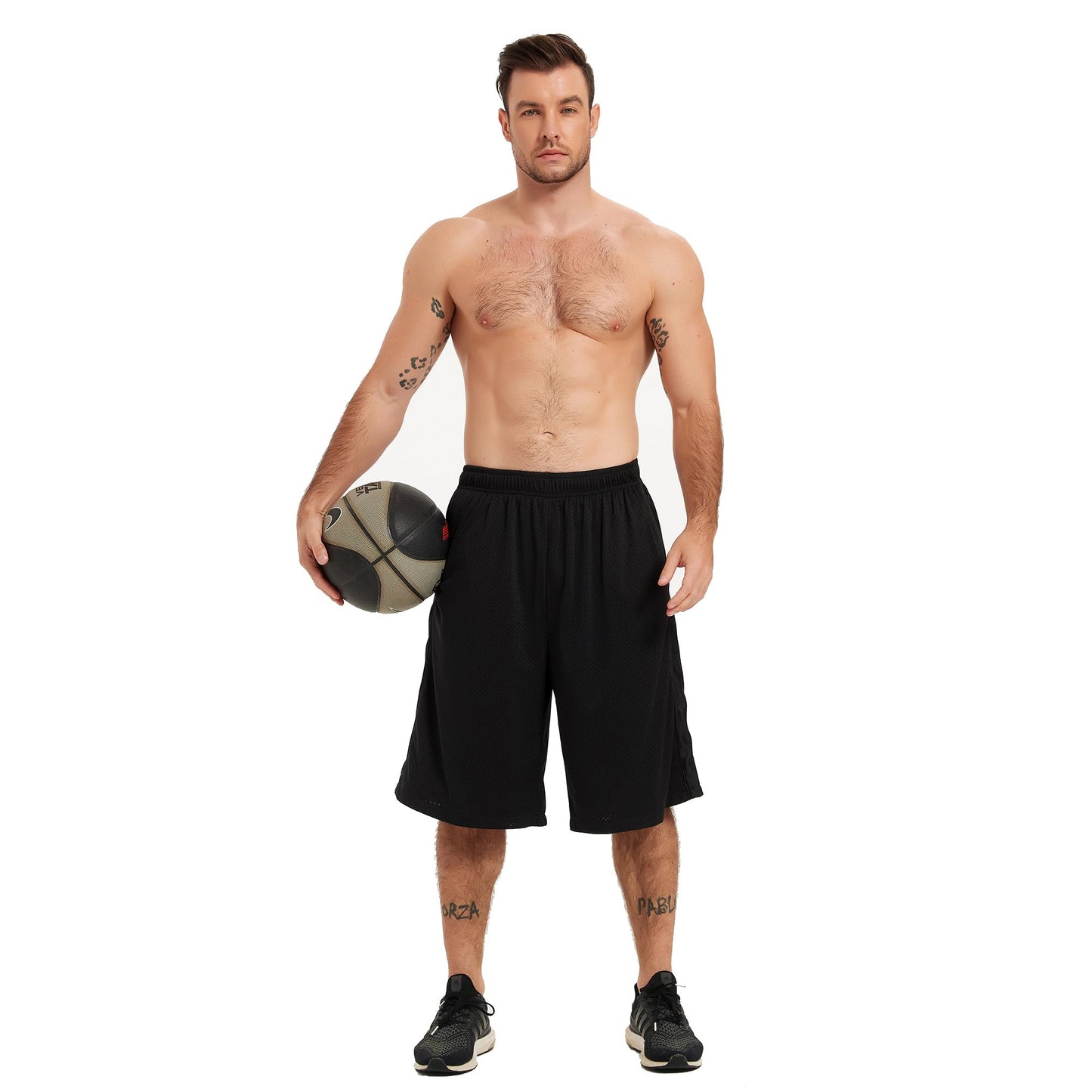 HQUEC Men's 12" Basketball Shorts Long Athletic Workout Gym Mesh Shorts Below Knee Loose-Fit with Pockets Black 2XL