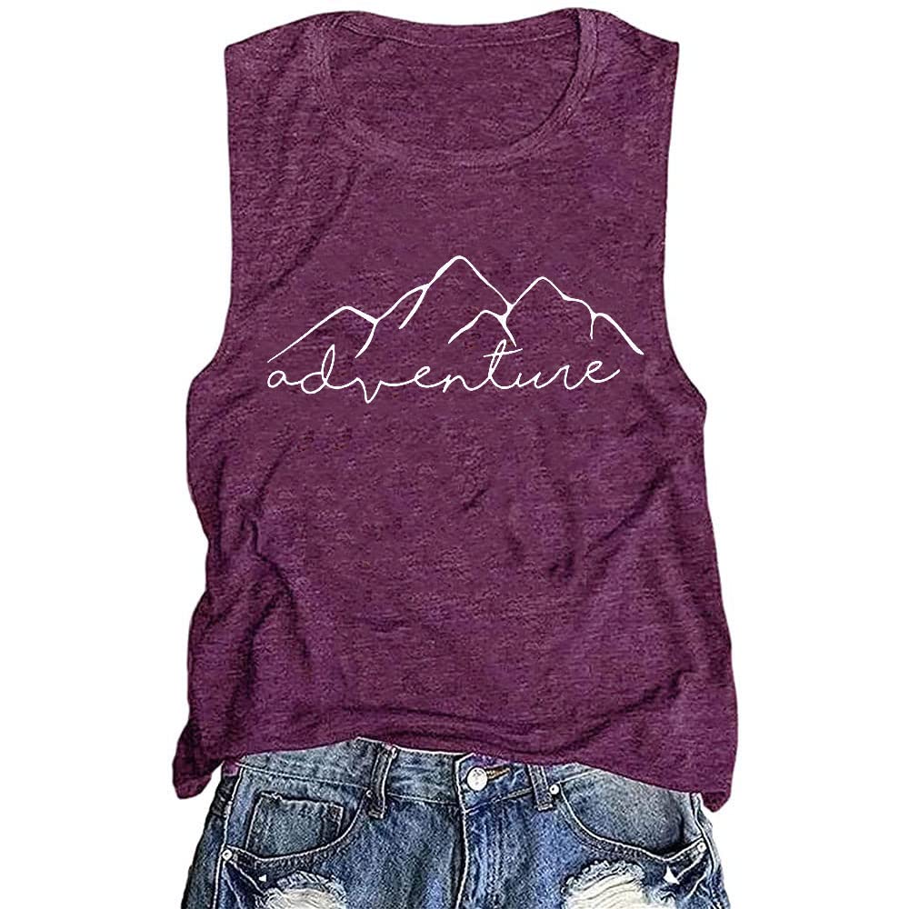 Women's Camping Hiking Sleeveless Mountain Adventure Graphic Tees Shirt Funny Letter Printed Vintage Tank Tops, Purple M