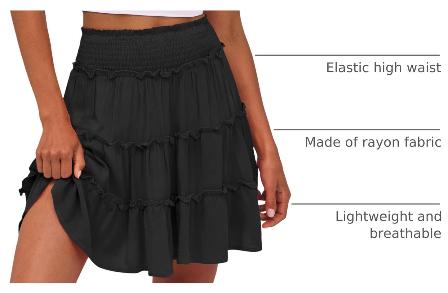 Caracilia Womens Summer Flowy Mini Skorts Skirts High Waist Ruffle Tiered Casual Cute Boho Beach Short Skirts Built-in Shorts Black Medium