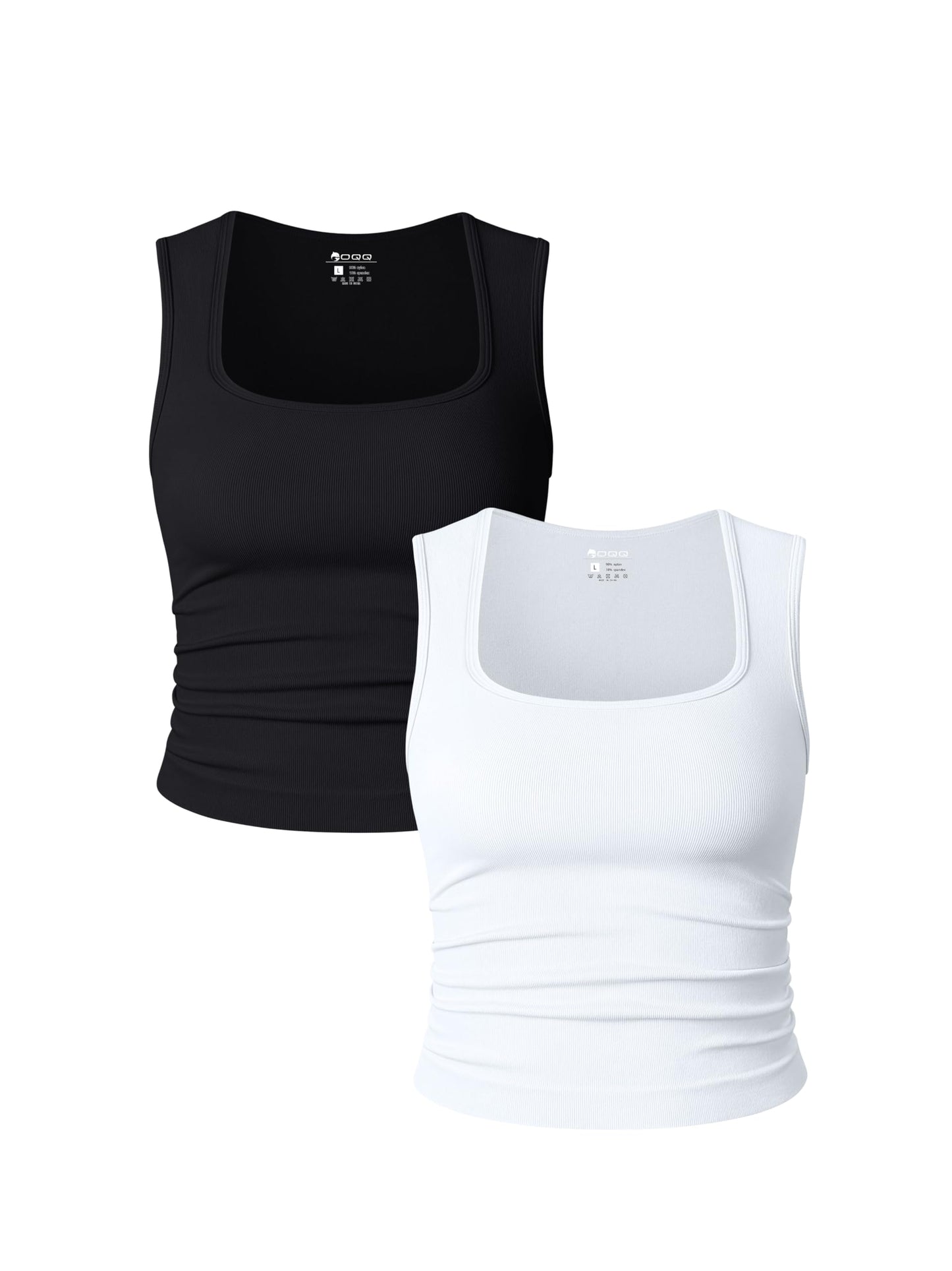 OQQ Womens 2 Piece Crop Tops Rueched Sleeveless Square Neck Stretch Basic Tank Shirts Black White