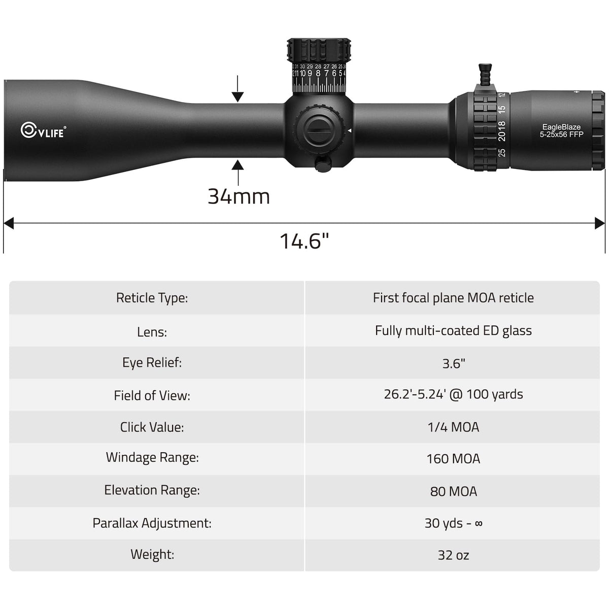 CVLIFE EagleBlaze 5-25x56 FFP Rifle Scope - ED Glass, Zero Stop, Illuminated Reticle, Side Parallax Adjustment - First Focal Plane - Long Range Rifle Scope for Hunting - 34mm Tube