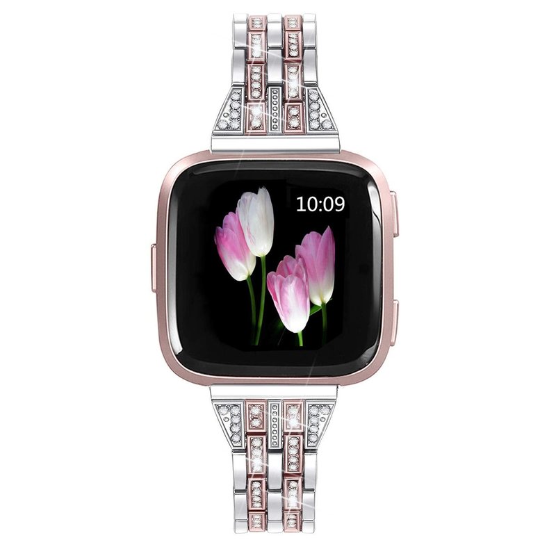 Mtozon Bands Compatible with Fitbit Versa 2/Versa Lite/Versa, Women Replacement Metal Rhinestone Bling Bracelet Wristband, Silver with Rose Gold