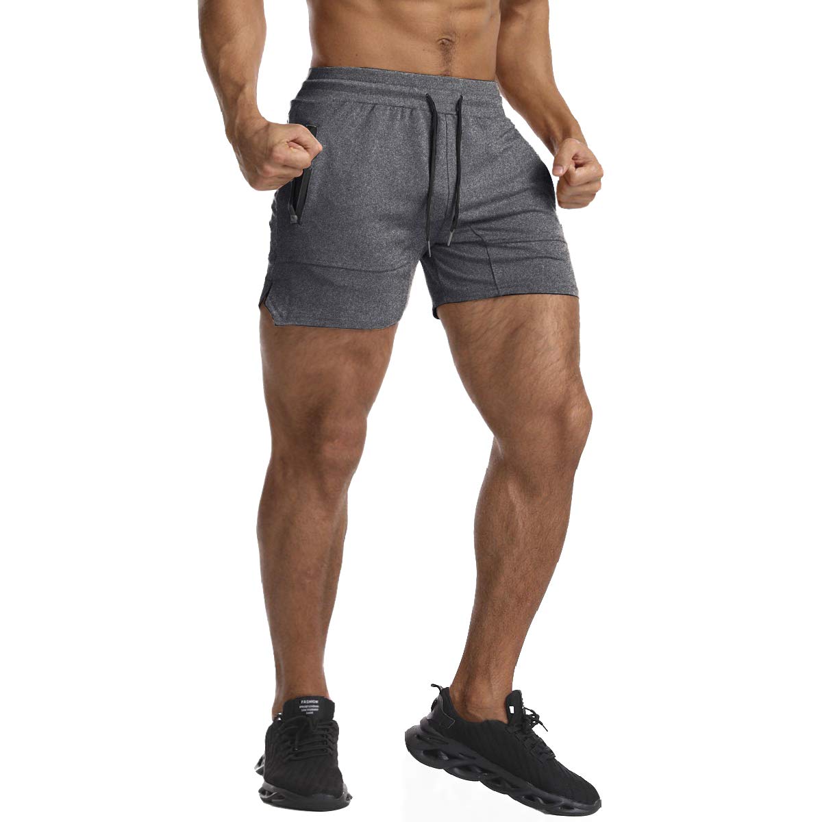 EVERWORTH Men's Solid Gym Workout Shorts Bodybuilding Running Fitted Training Jogging Short Pants with Zipper Pocket Grey XL