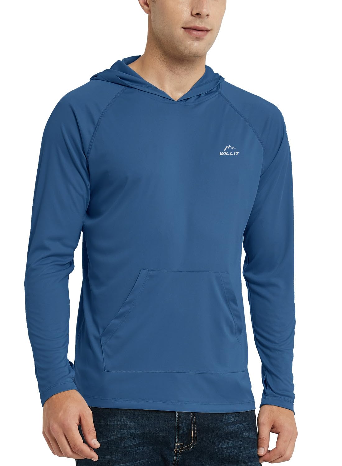 Willit Men's UPF 50+ Sun Protection Hoodie Shirt Long Sleeve Rash Guard Fishing SPF Outdoor UV Shirt Lightweight Pocket Ocean Blue L