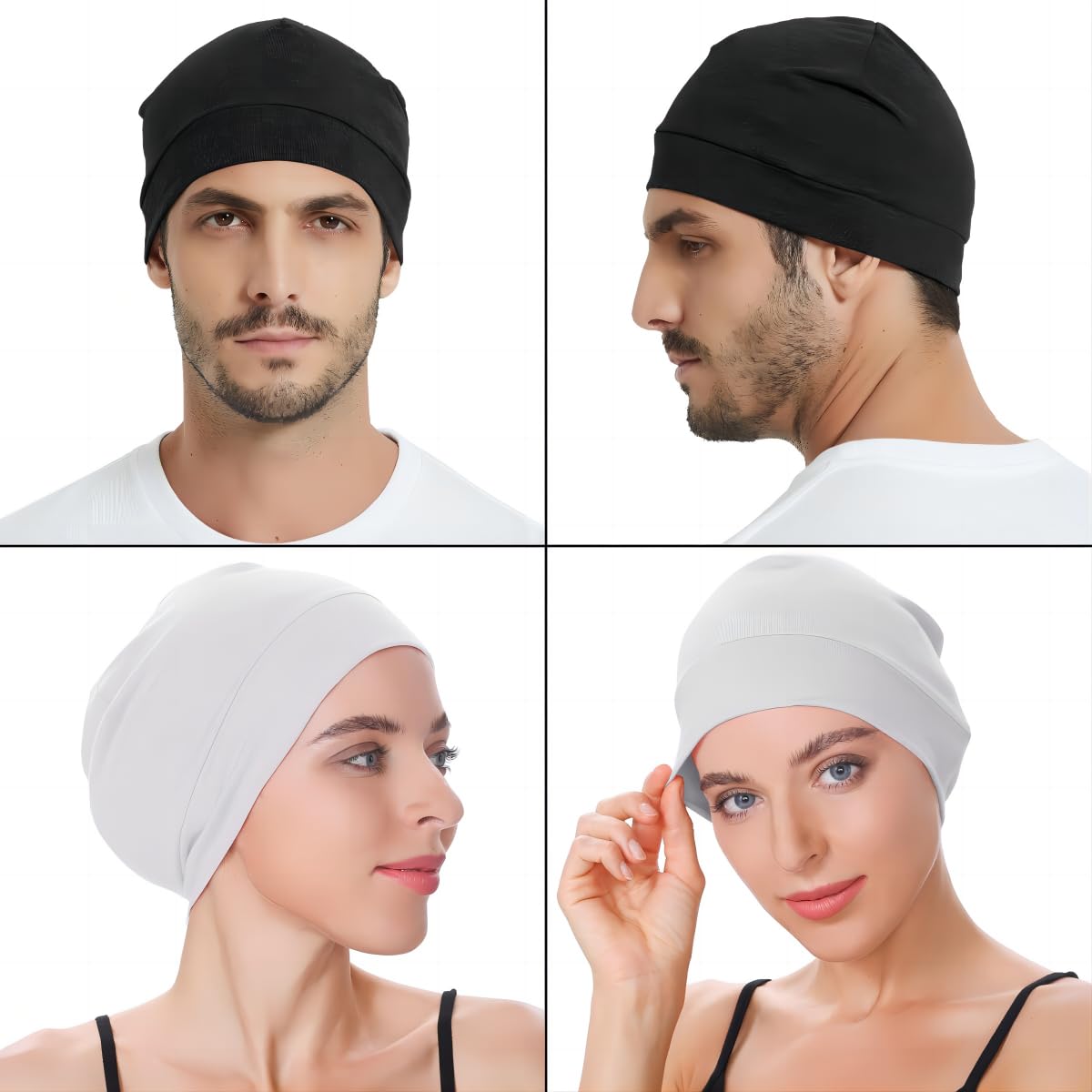 100% Cotton Skull Caps Beanie Sleeping Hats for Men Women 4-Pack Multi