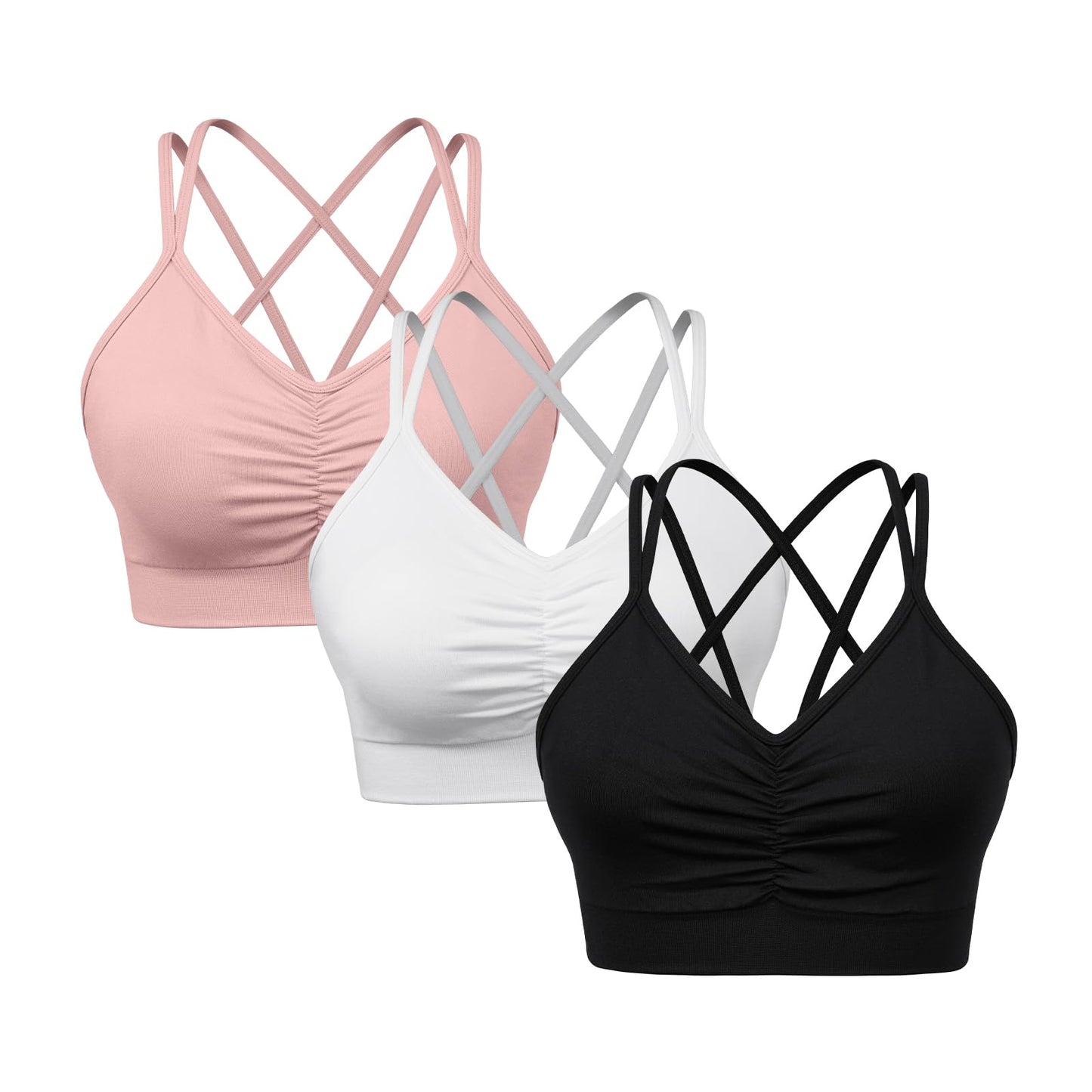 sicoozoe Women Criss Cross Back Sport Bras Medium/Low Support Yoga Bras Shirred Front Workout Bras Pack of 3 Black/White/Light Pink