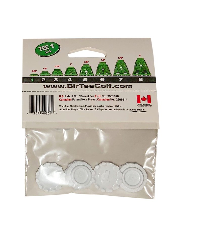 BirTee Pro Golf Tees - Size #1 (1/4") Individual Size Pack - 4 Tees Per Pack. Winter/Mat/Simulator Tees (White)
