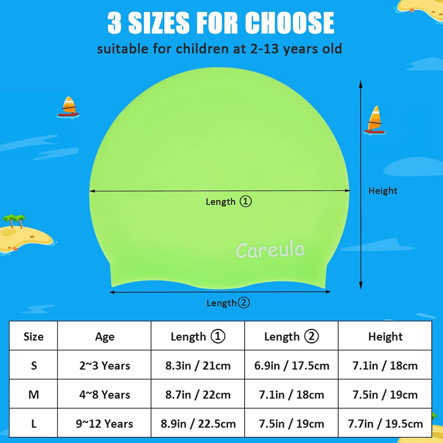 Swim Cap, 2 Pack Durable Silicone Swimming Caps for Kids Girls Boys Youths (Age 2-12), Soft 3D Ergonomic Waterproof Kids Swim Caps, Comfortable Fit for Long Hair and Short Hair