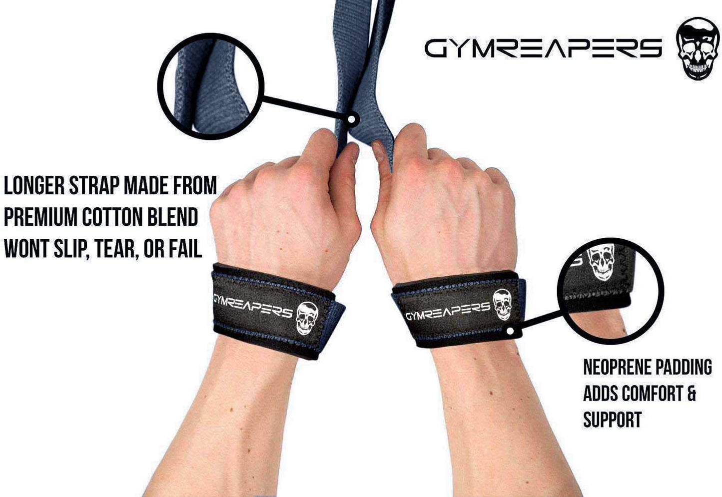 Gymreapers Lifting Wrist Straps for Weightlifting, Bodybuilding, Powerlifting, Strength Training, & Deadlifts - Padded Neoprene with 18 inch Cotton (Navy)