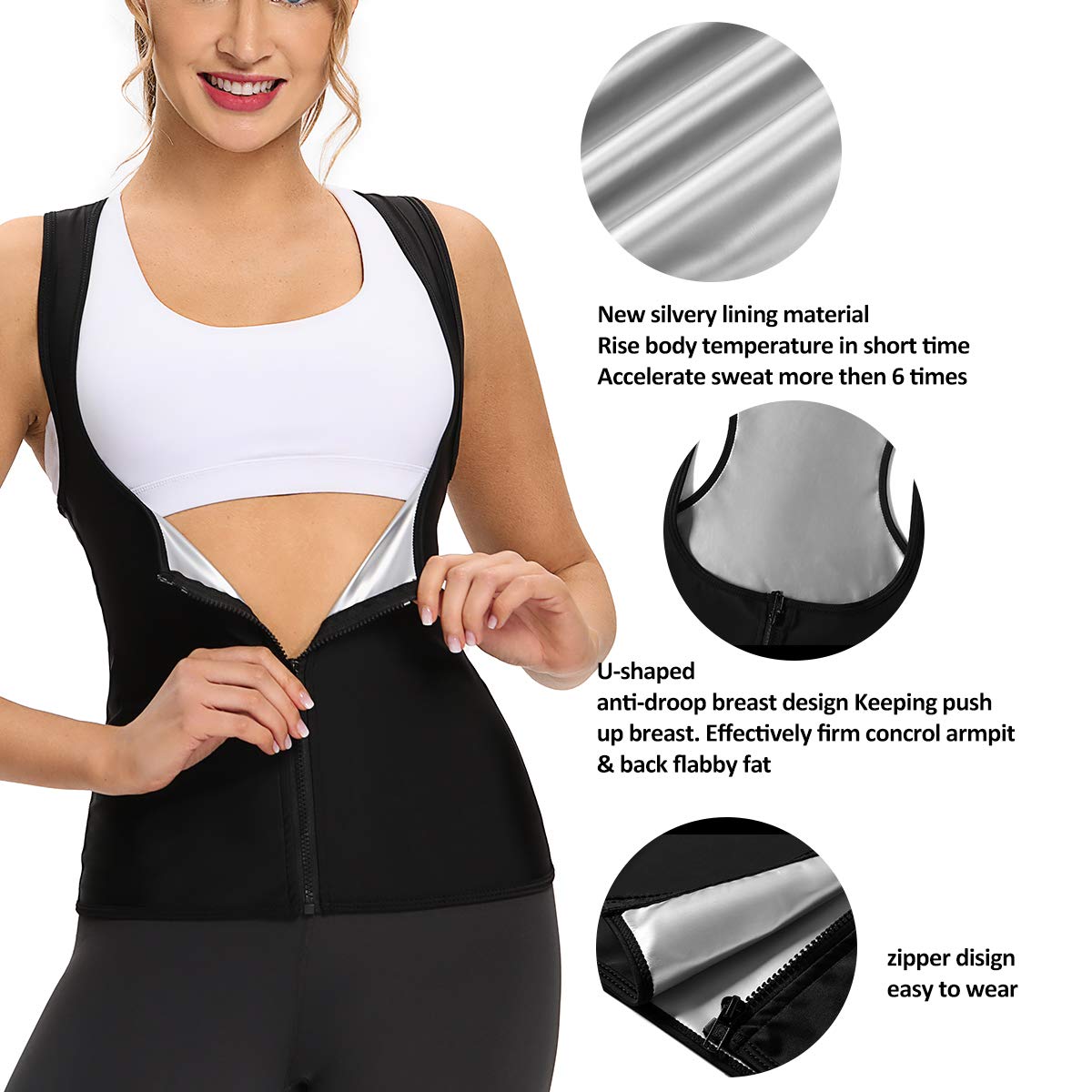 NonEcho Women Hot Sweat Sauna Suit Waist Trainer Vest Workout Tank Top Slimming Body Shaper Corset with Zipper