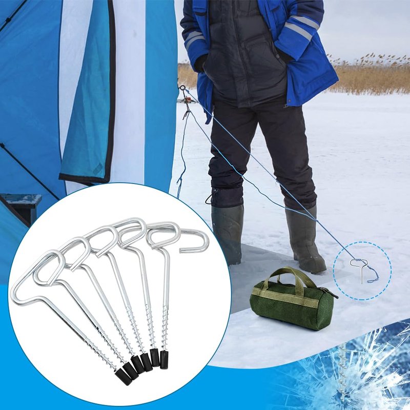 Ice Anchor Tool Kit, Ice Fishing Tent Stakes & Nails with Drill Adapter, Stainless Steel Auger Accessories Set with Threaded Gear & Protective Bag for Camping Shelters and Shanties