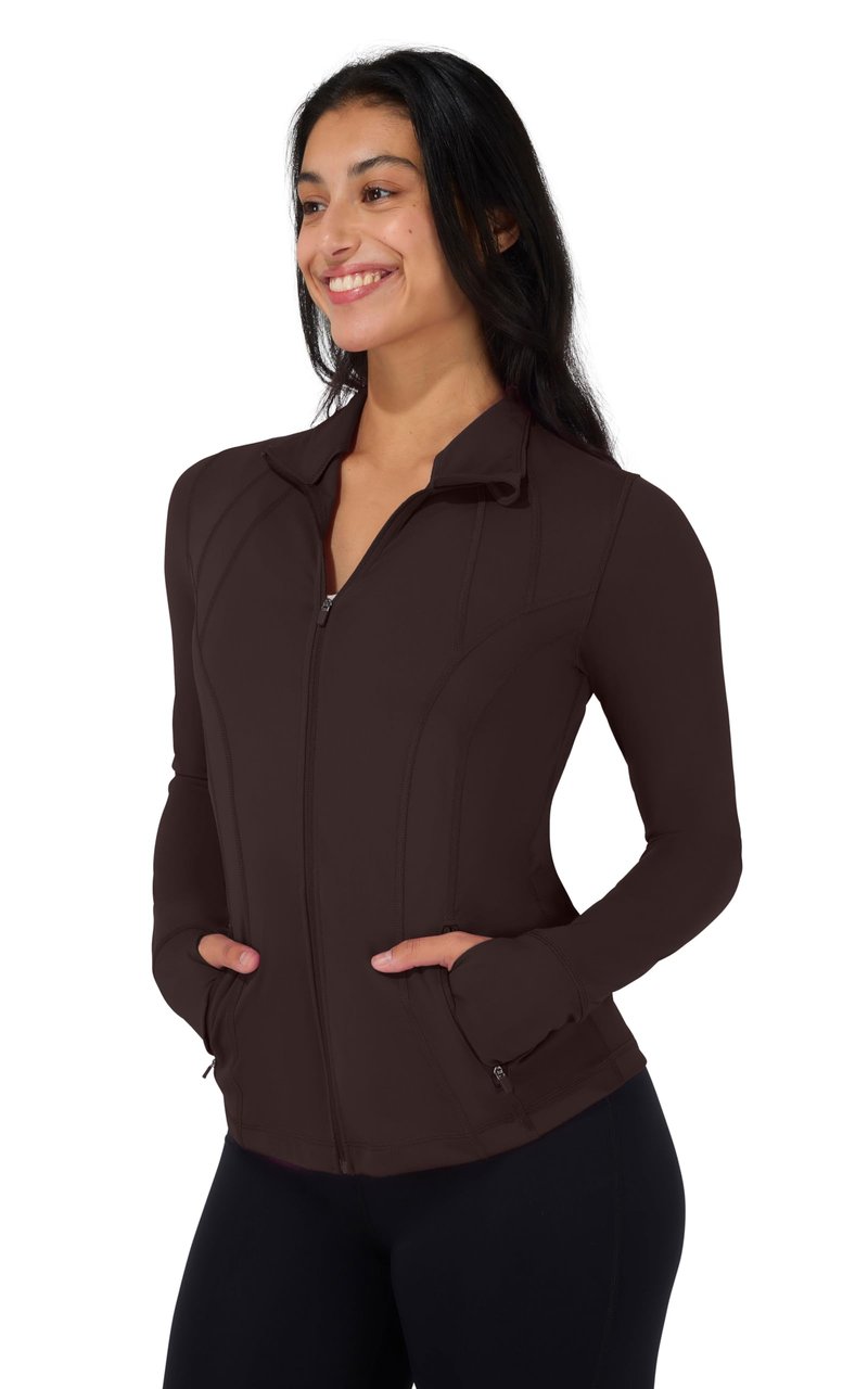 90 Degree By Reflex Full Zip Running Track Jacket Lightweight Athletic Slim Fit Jacket with Thumbholes - Chocolate Mousse - Medium