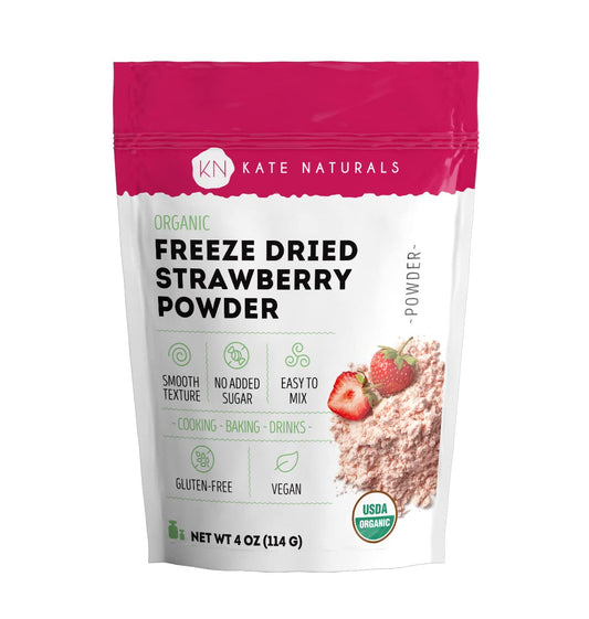 Kate Naturals Organic Freeze Dried Strawberry Powder for Baking, Camping, Flavoring (4oz). 100% Natural, Gluten-Free, Vegan Powdered Freeze Dried Strawberries. High in Antioxidants & Vitamin C