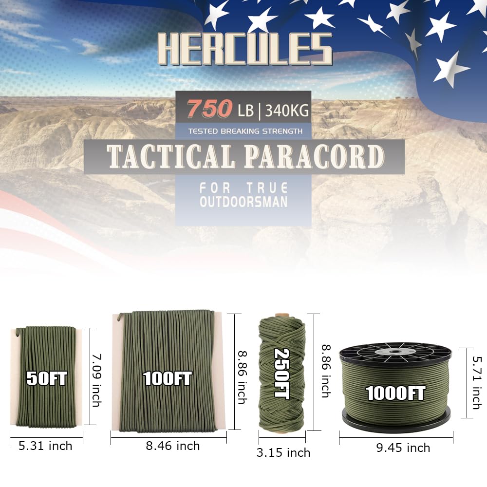 HERCULES 750lb Paracord 4mm 11 Strands Tactical Parachute Cord, 50' 100' 250' 1000' Utility Rope for Camping, Survival, Outdoor Gear (Army Green, 50FT)