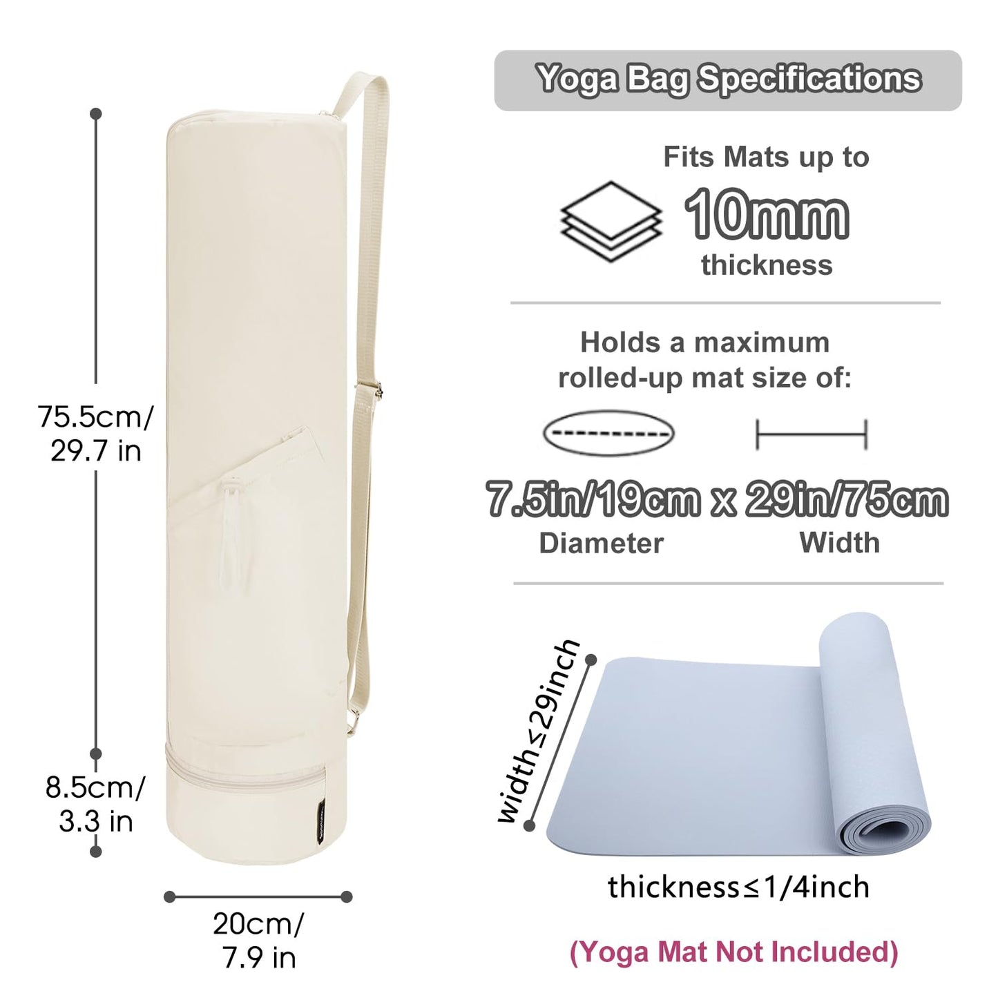 sportsnew Yoga Mat Bag, Full Zip Cargo Yoga Mat Carrier Bag with Drawstring Water Bottle Pocket and Bottom Wet Pocket, Yoga Mat Carrier Holder Multi-Functional Storage Bag, Beige patent pending