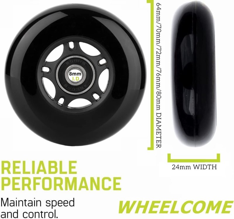 WHEELCOME Inline Skate Wheels Outdoor & Indoor Blade Roller Skate Wheels 85a Roller Hockey Wheels w/Bearings ABEC-9 for Scooter Luggage Repair, 64mm 70mm 72mm 76mm 80mm Dia, 8-Pack (Black, 80mm)