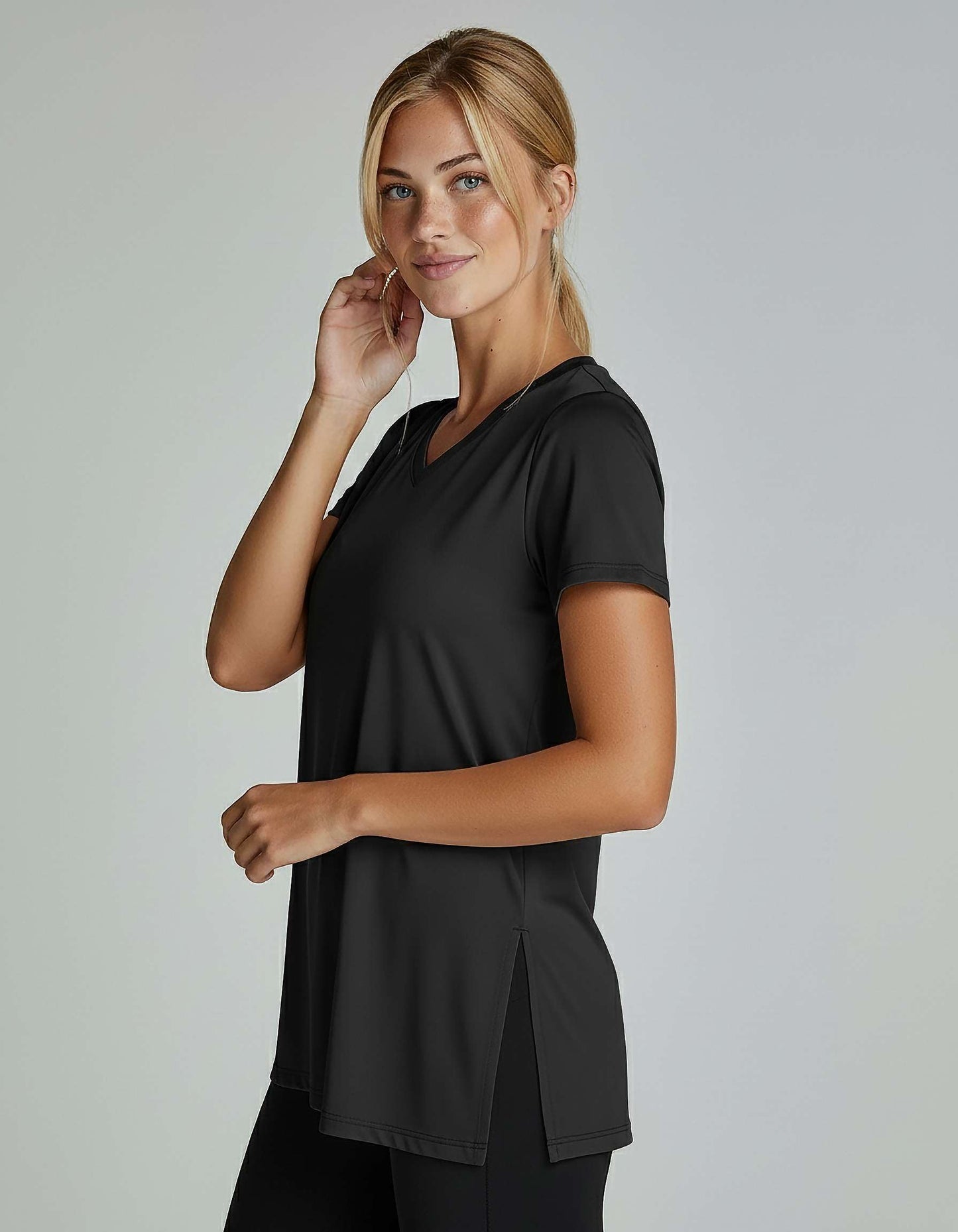 Real Essentials 5 Pack: Women's Short Sleeve Split Hem V-Neck T-Shirts, Athletic Tops, Gym, Workout, Yoga, Activewear- Set 2, S