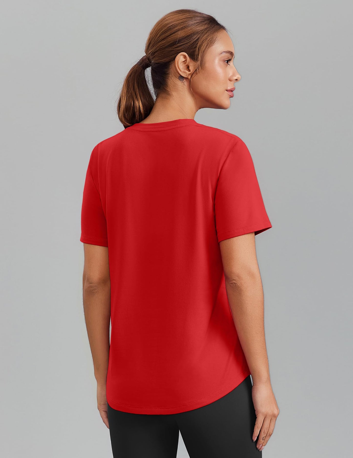 PINSPARK Gym Shirts for Women Short Sleeve V Neck Workout Tops Moisture Wicking Athletic T-Shirts Quick Dry Fitness Exercise,Red Small