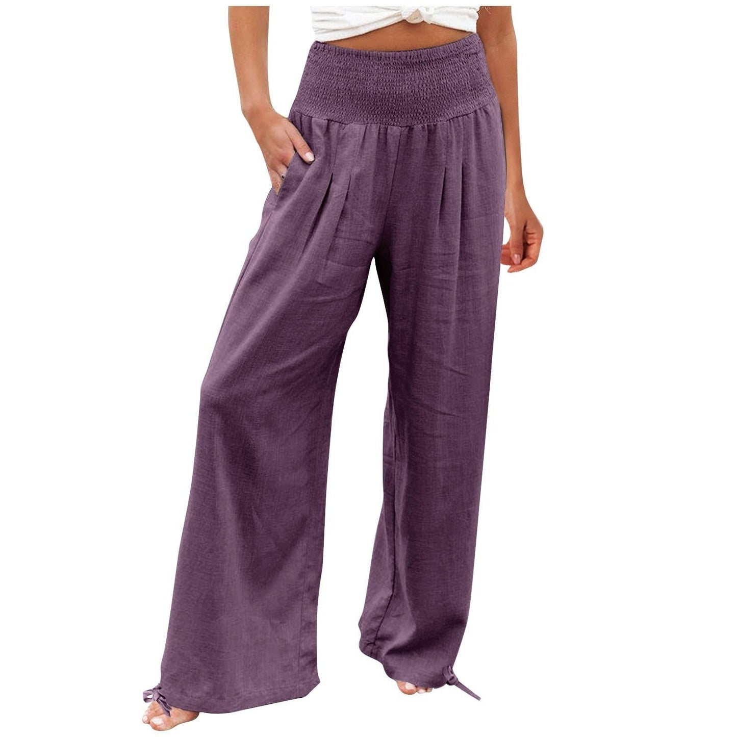 Hesxuno Linen Pants Women Wide Leg Yoga Pants Summer Lightweight Palazzo Pants Summer Flowy Lounge Pants Casual Loose Comfy Pants Casual Long Pants Soft Beach Pants Baggy Trousers with Pockets