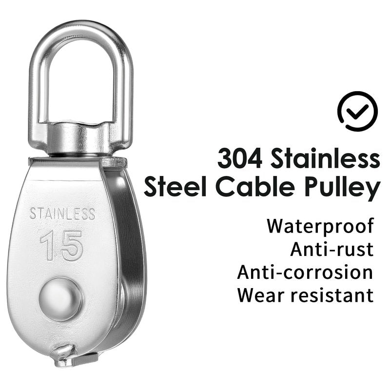 12 Pack M15 Pulleys for Rope, 304 Stainless Steel Wire Rope Cable Pulley, Heavy Duty Swivel Pulley Wheel Hanging Wire Towing Wheel for Lifting