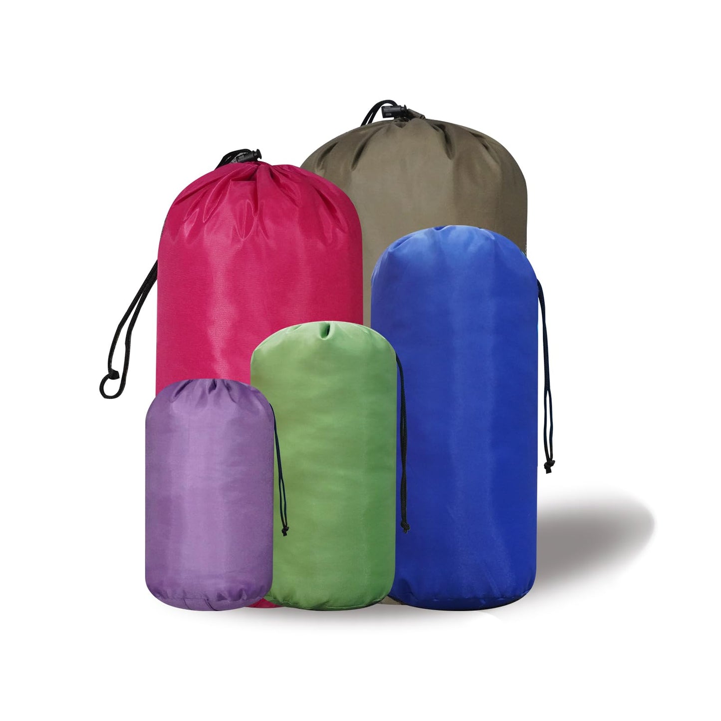 MOUNTAINLODGE Small Drawstring Bags Stuff Sack Set 5-Pack,Colorful 3L/5L/9L/15L/20L Ultralight Ditty Bags with Dirty Flap for Camping,Hiking,Travelling or Laundry (Green&Purple&Blue&ROSEO&Dark Green)