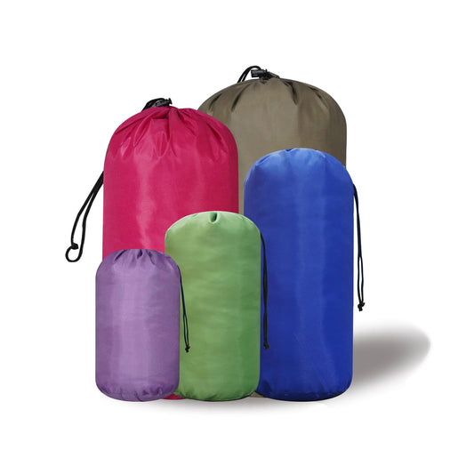 MOUNTAINLODGE Small Drawstring Bags Stuff Sack Set 5-Pack,Colorful 3L/5L/9L/15L/20L Ultralight Ditty Bags with Dirty Flap for Camping,Hiking,Travelling or Laundry (Green&Purple&Blue&ROSEO&Dark Green)