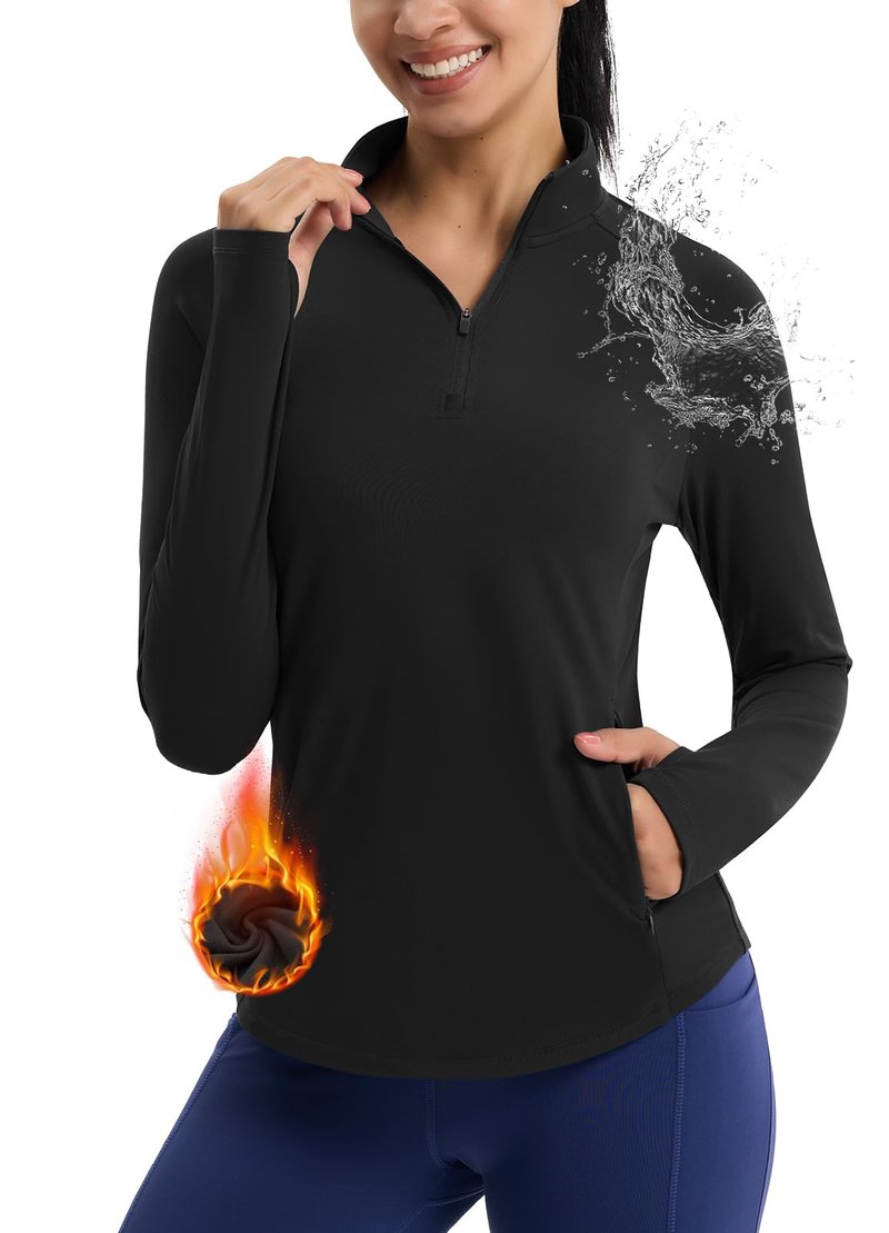 Emlovm Women's Fleece Running Jacket Quarter Zip Pullover Water Resistant Thermal Equestrian Shirt Warm Winter Golf Gear Black M