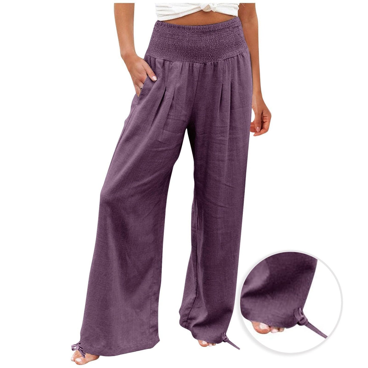 Hesxuno Linen Pants Women Wide Leg Yoga Pants Summer Lightweight Palazzo Pants Summer Flowy Lounge Pants Casual Loose Comfy Pants Casual Long Pants Soft Beach Pants Baggy Trousers with Pockets