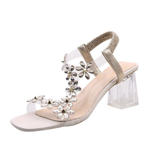 Women's Heel Sandals Crystal Heel High Heel Flowers Rhinestone Dress Sandal Summer Casual Fashion Bohemian Sandals Beige, 9