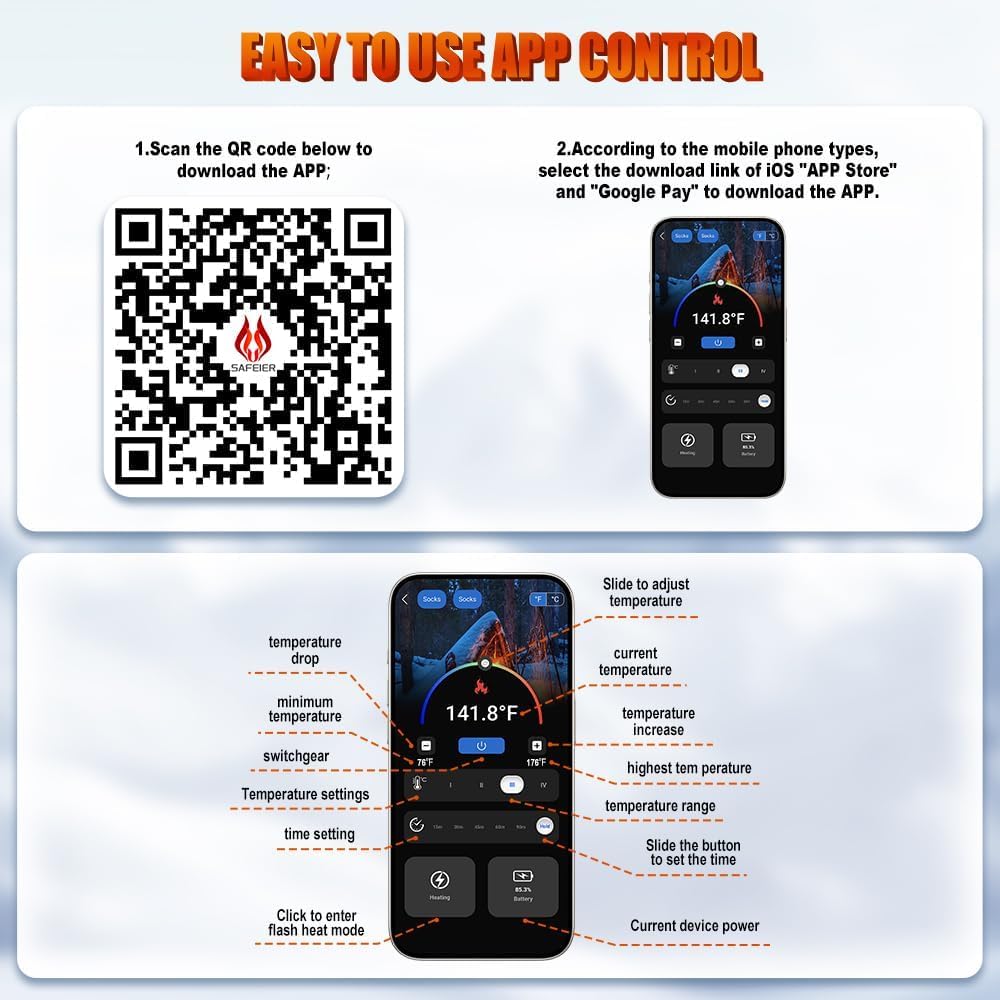 Heated Socks APP Control for Men Women, 6000mAh*2 Battery Heated Socks, Electric Feet Warmers Rechargeable Smart Foot Warmers Washable for Camping Fishing Cycling Skiing Skating Hiking Camping