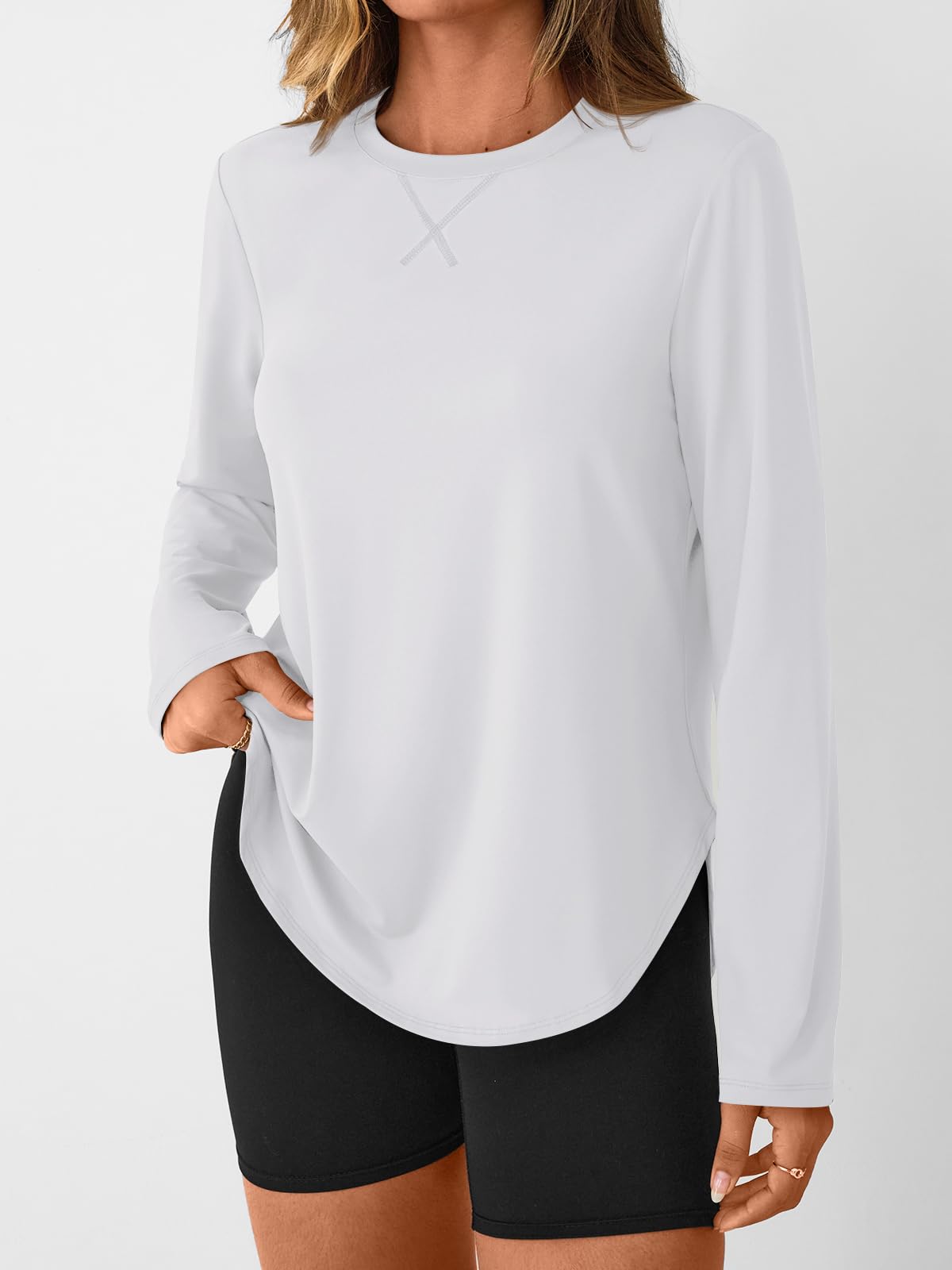 AUTOMET Women's Long Sleeve Workout Tops Running Hiking Sun Shirts Gym UPF 50+ UV Protection Tshirts 2026 Quick Dry Clothes White M